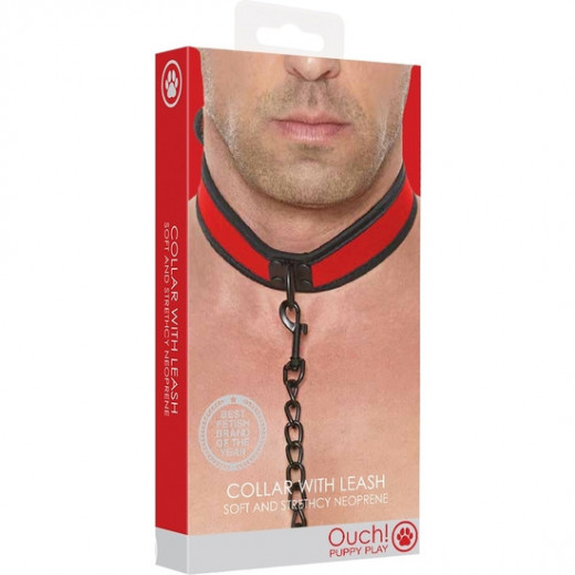 OUCH PUPPY PLAY COLLAR DE NEOPRENO CON CADENA ROJO