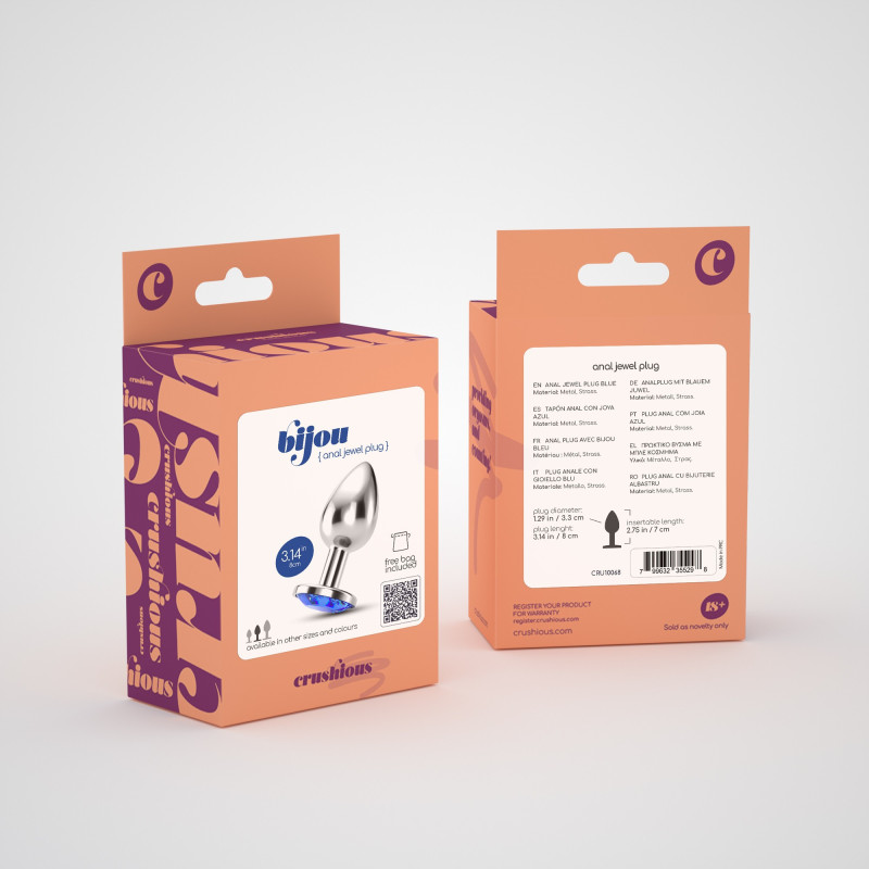 Plug Anal Bijou con Joya Azul Mediano + Bolsa Aterciopelada Crushious