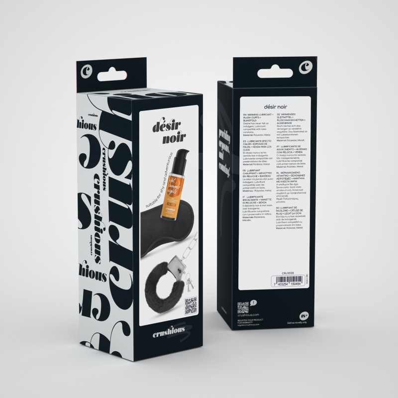 Set Désir Noir: Esposas + Antifaz de Satén + Lubricante con Efecto Calor Crushious