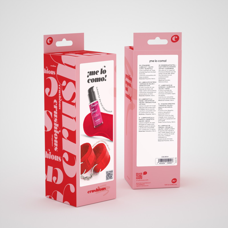 Set Me Lo Como: Esposas de Velcro + Antifaz de Satén + Lubricante Comestible de Fresa Crushious