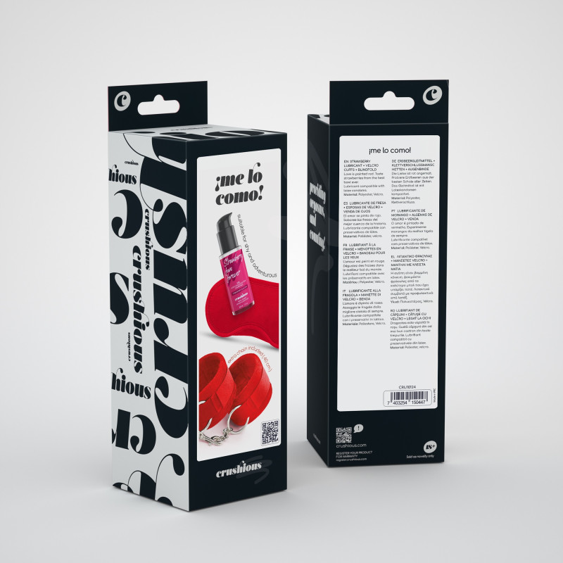 Set Me Lo Como: Esposas de Velcro + Antifaz de Satén + Lubricante Comestible de Fresa Crushious
