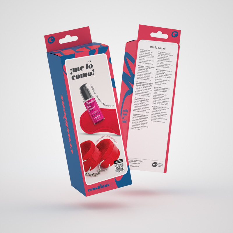 Set Me Lo Como: Esposas de Velcro + Antifaz de Satén + Lubricante Comestible de Fresa Crushious