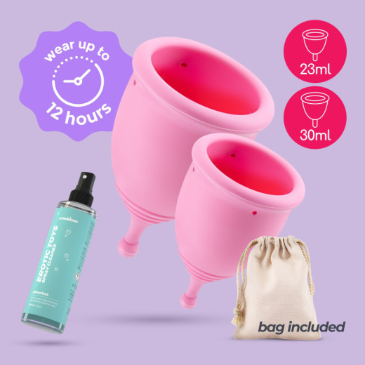 Copas Menstruales Minerva S + L con Bolsa y Limpiador de Juguetes 150 ml Crushious