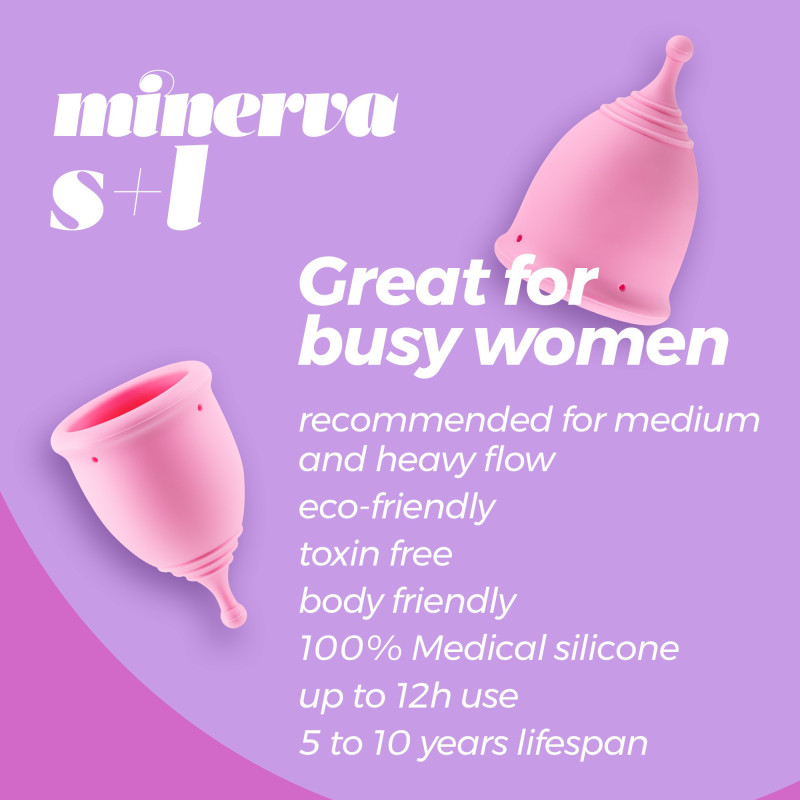 Copas Menstruales Minerva S + L con Bolsa y Limpiador de Juguetes 150 ml Crushious